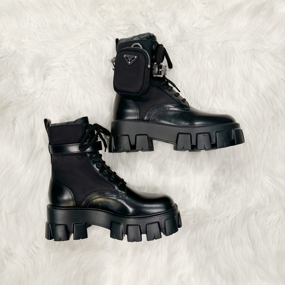 Prada Leather Zip Pocket Combat Booties